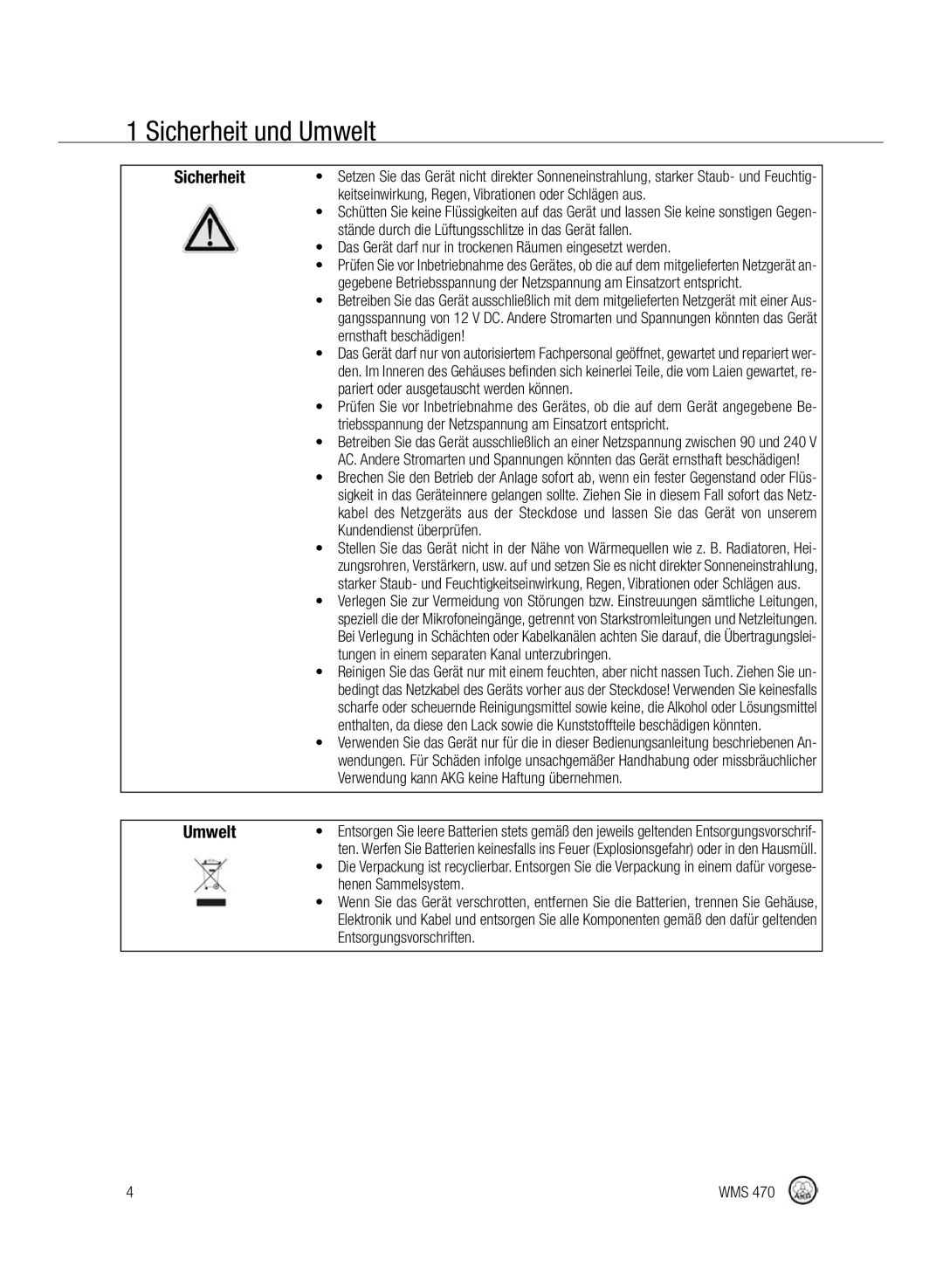 Harman-Kardon WMS 470 manual Sicherheit und Umwelt 