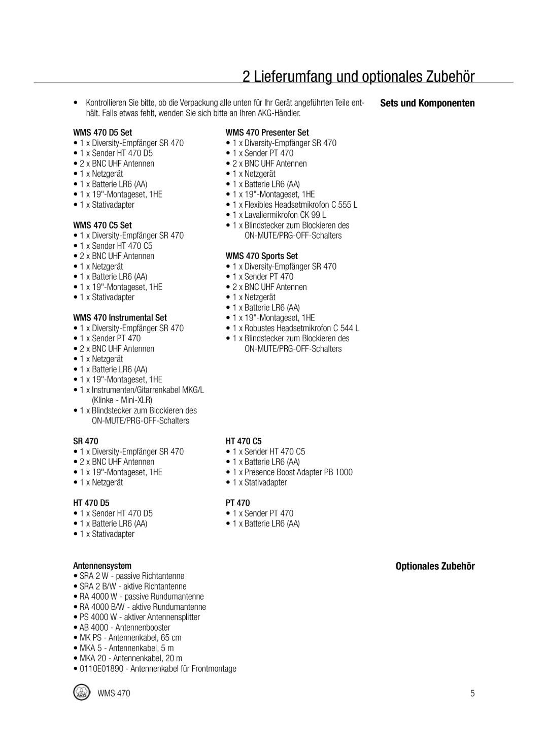 Harman-Kardon manual Lieferumfang und optionales Zubehör, WMS 470 C5 Set Lavaliermikrofon CK 99 L, HT 470 C5 