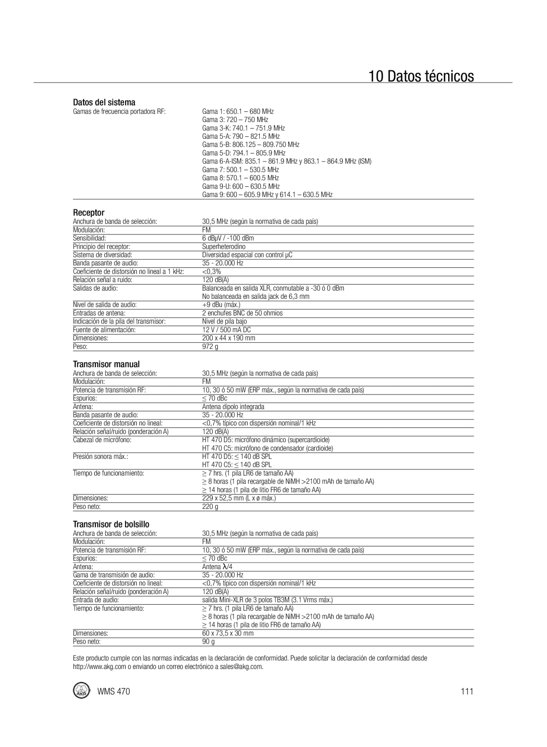 Harman-Kardon WMS 470 Datos técnicos, Datos del sistema, Transmisor manual, Transmisor de bolsillo, WMS 111 