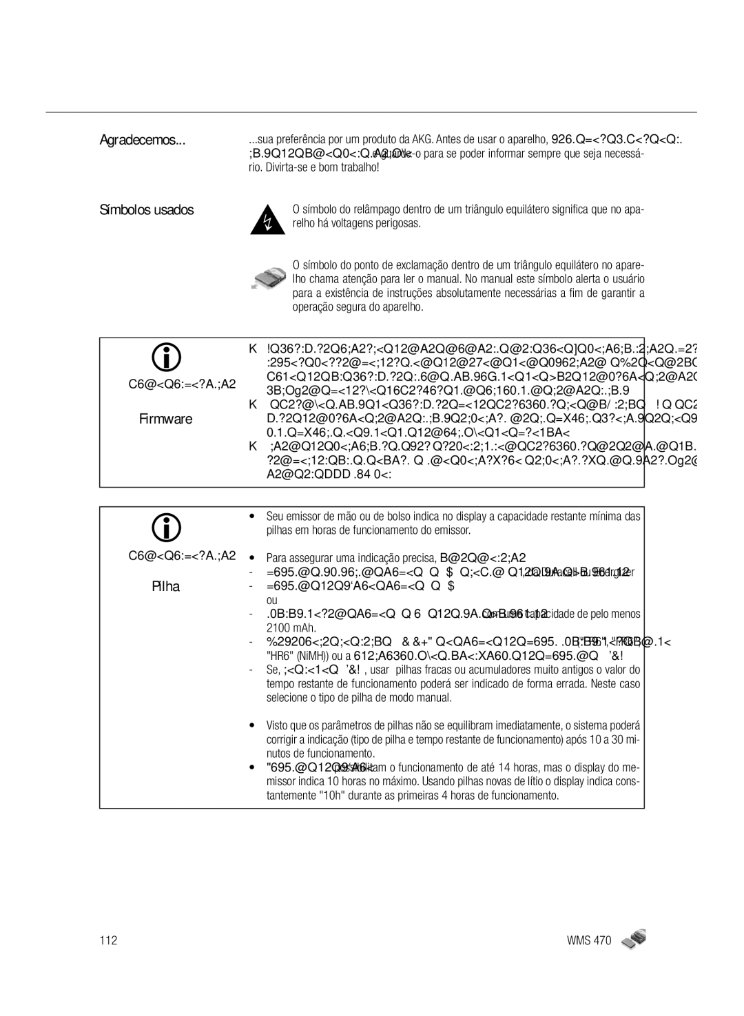 Harman-Kardon WMS 470 manual Agradecemos Símbolos usados, Pilha, Aviso importante 