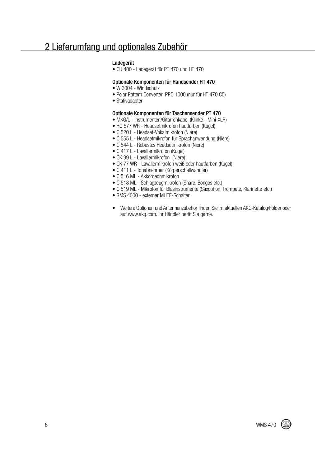 Harman-Kardon WMS 470 manual Lieferumfang und optionales Zubehör 