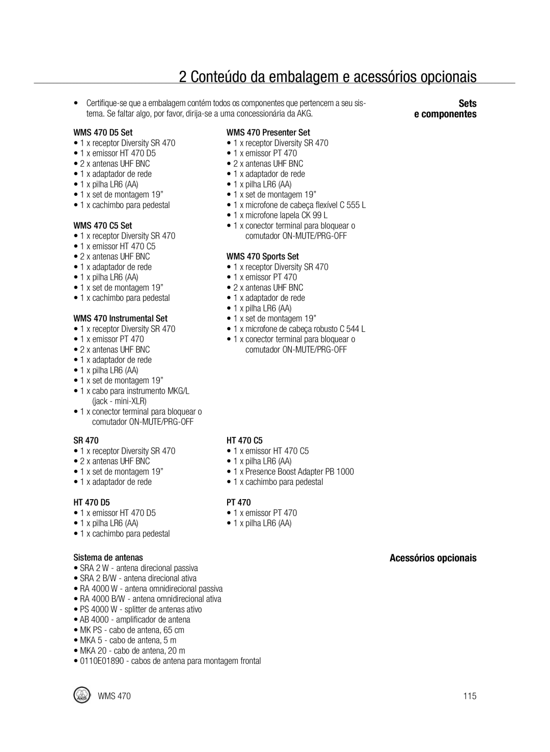 Harman-Kardon WMS 470 manual Conteúdo da embalagem e acessórios opcionais, Sets 