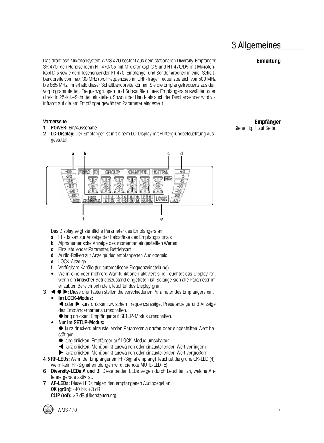 Harman-Kardon WMS 470 manual Allgemeines, Einleitung Empfänger, Stätigen Lang drücken Empfänger auf LOCK-Modus umschalten 