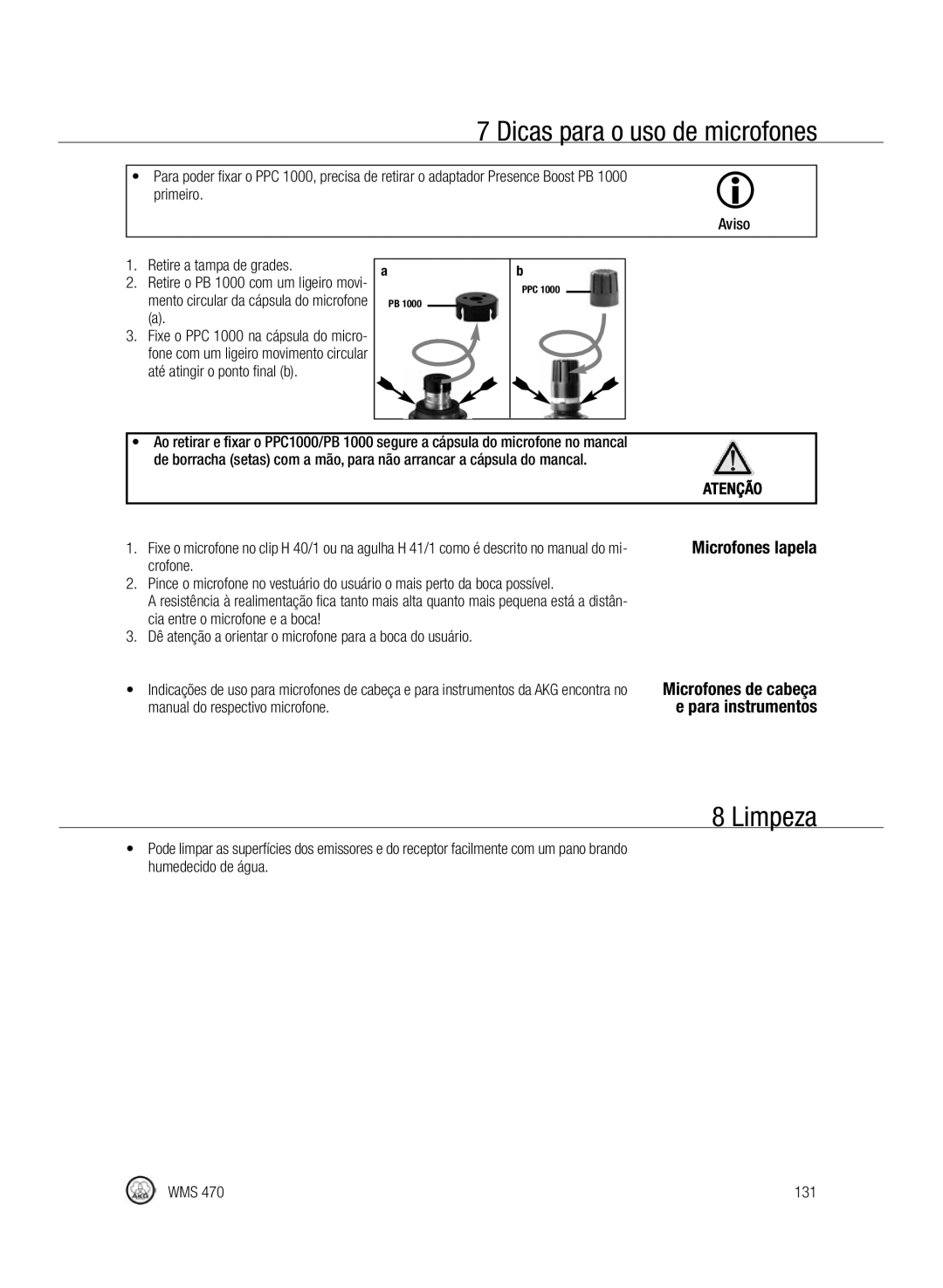 Harman-Kardon WMS 470 manual Limpeza, Microfones lapela, Crofone, Manual do respectivo microfone 