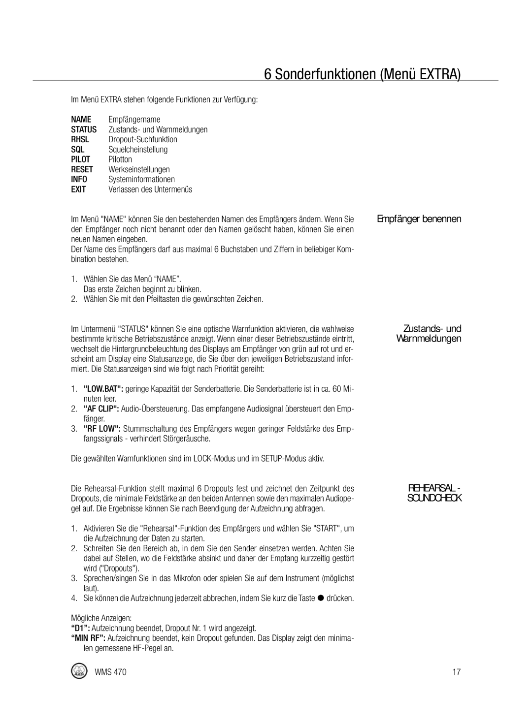 Harman-Kardon WMS 470 Empfängername, Zustands- und Warnmeldungen, Dropout-Suchfunktion, Squelcheinstellung, Pilotton, Laut 