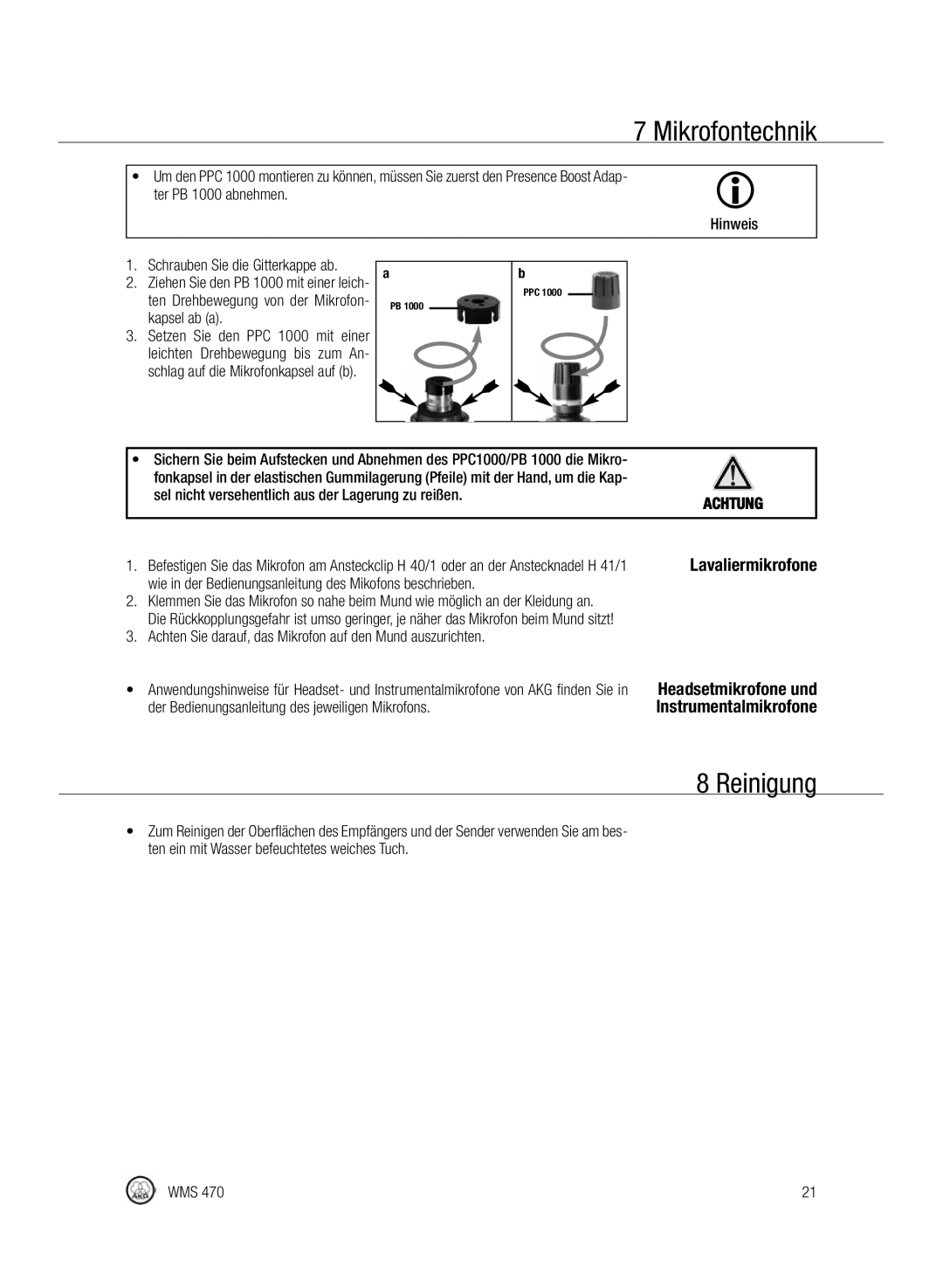 Harman-Kardon WMS 470 manual Reinigung, Kapsel ab a, Achten Sie darauf, das Mikrofon auf den Mund auszurichten 