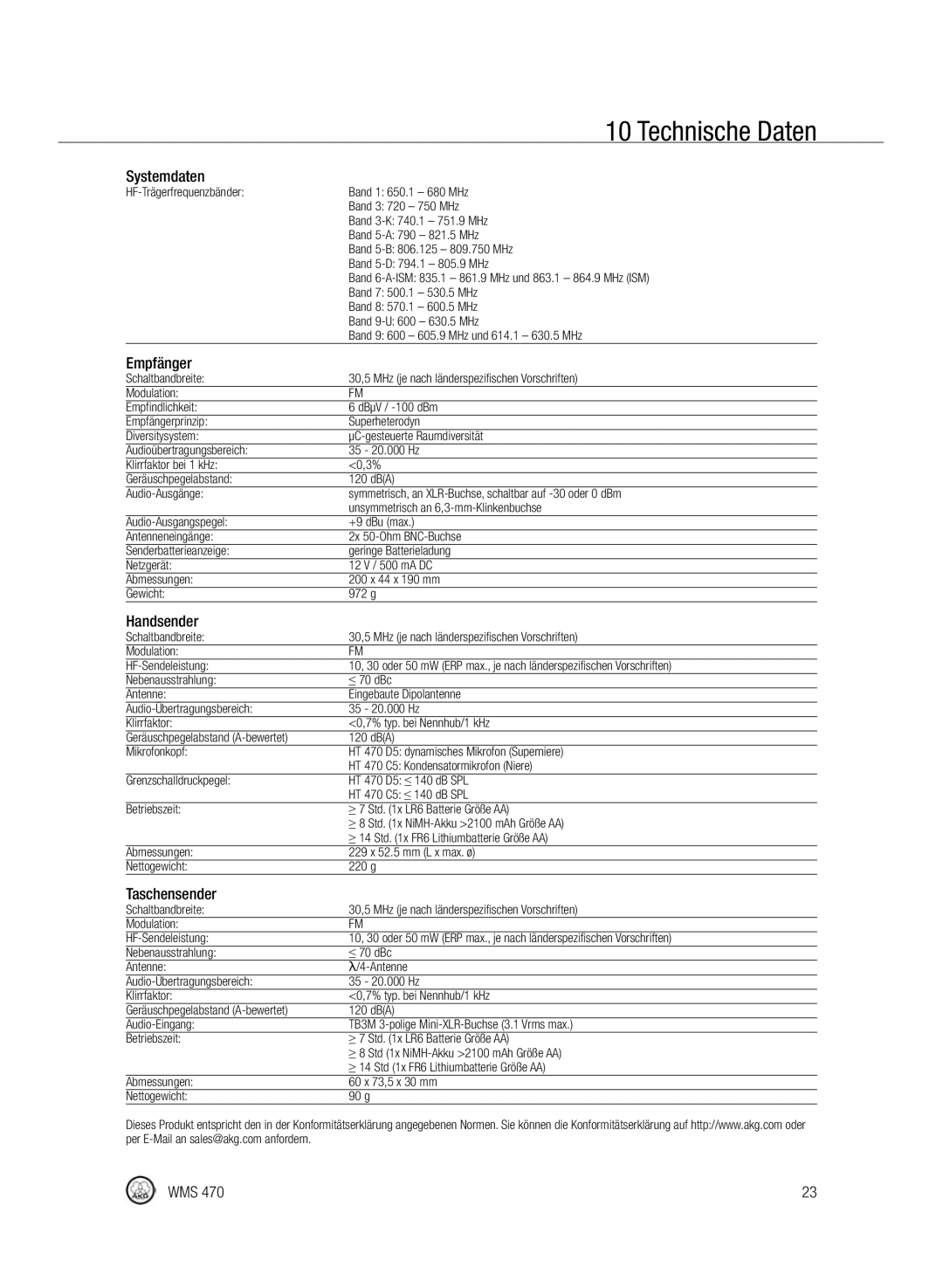 Harman-Kardon WMS 470 manual Technische Daten, Systemdaten, Handsender 