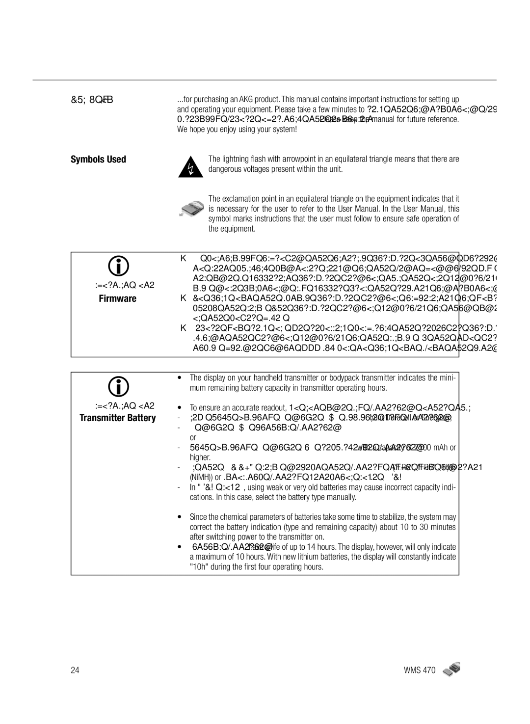 Harman-Kardon WMS 470 manual Symbols Used, Transmitter Battery, Important Note 