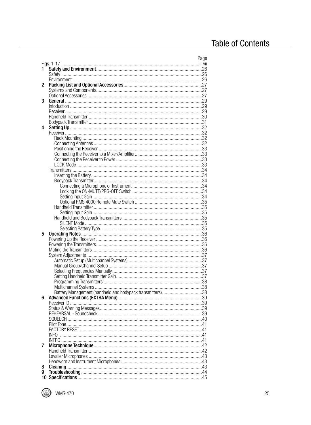 Harman-Kardon WMS 470 manual Table of Contents 