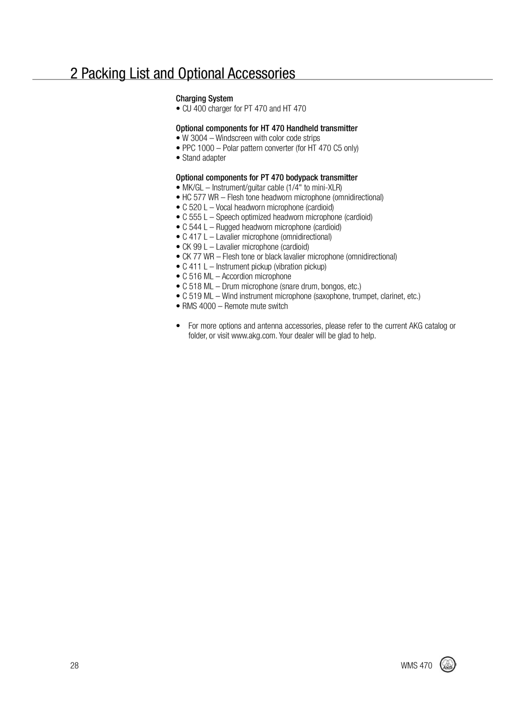 Harman-Kardon WMS 470 manual Packing List and Optional Accessories 