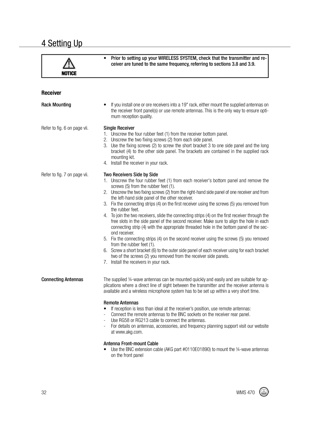 Harman-Kardon WMS 470 manual Setting Up, Install the receivers in your rack, Remote Antennas 