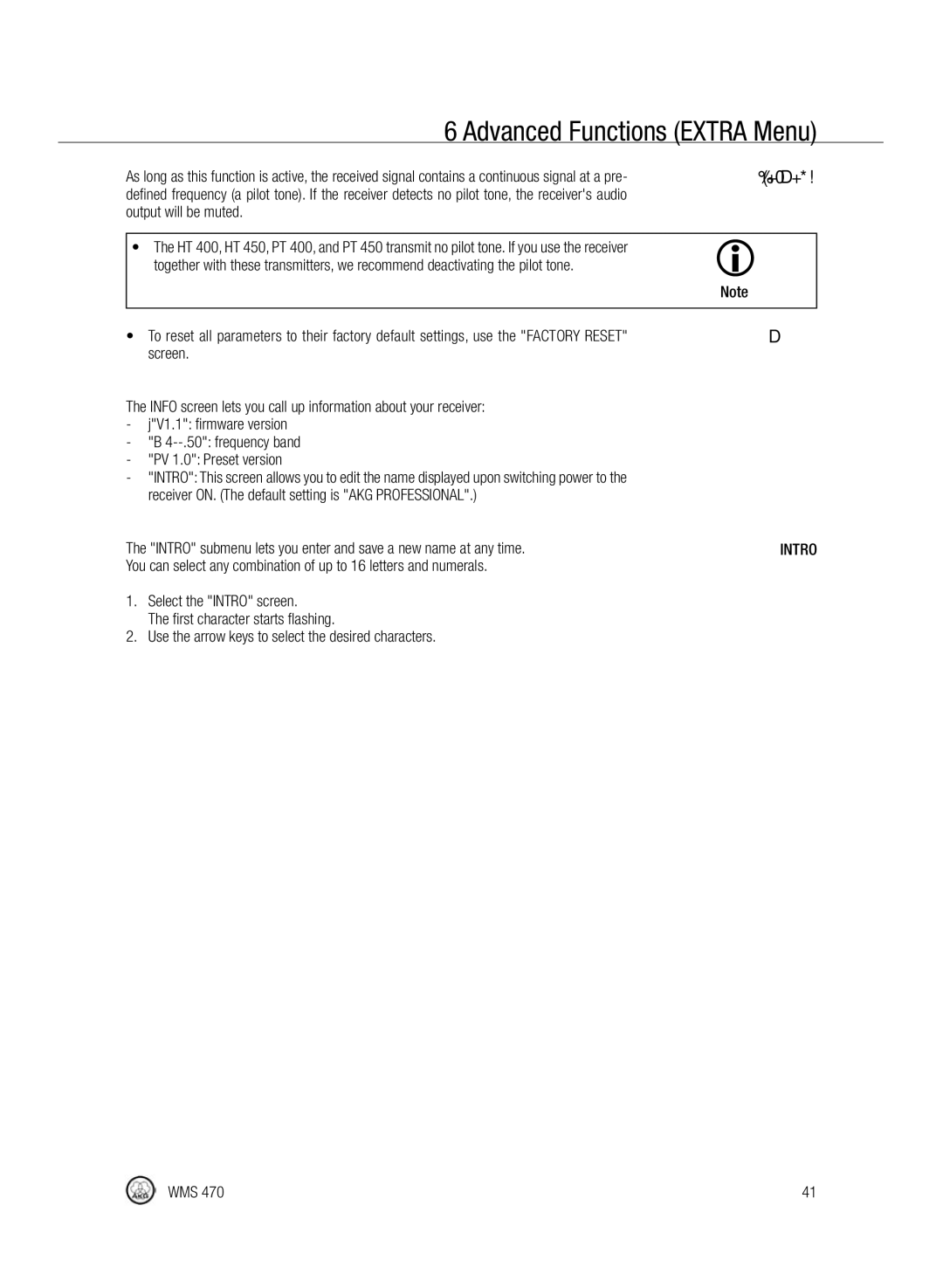 Harman-Kardon WMS 470 manual Pilot Tone, Output will be muted, JV1.1 firmware version Frequency band PV 1.0 Preset version 