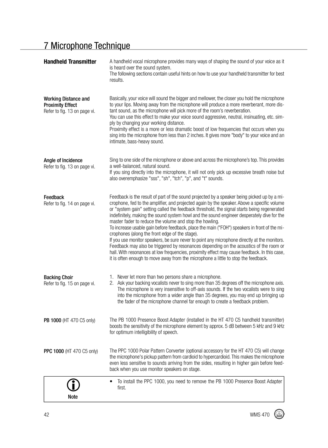 Harman-Kardon WMS 470 manual Microphone Technique, PB 1000 HT 470 C5 only, For optimum intelligibility of speech, First WMS 