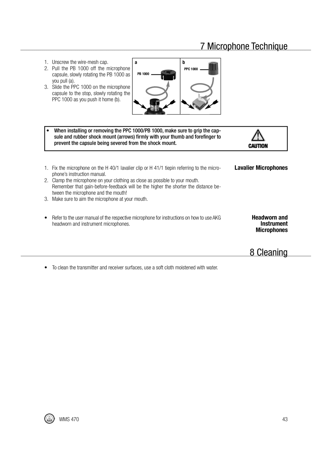 Harman-Kardon WMS 470 manual Cleaning, Headworn, Instrument, Microphones 