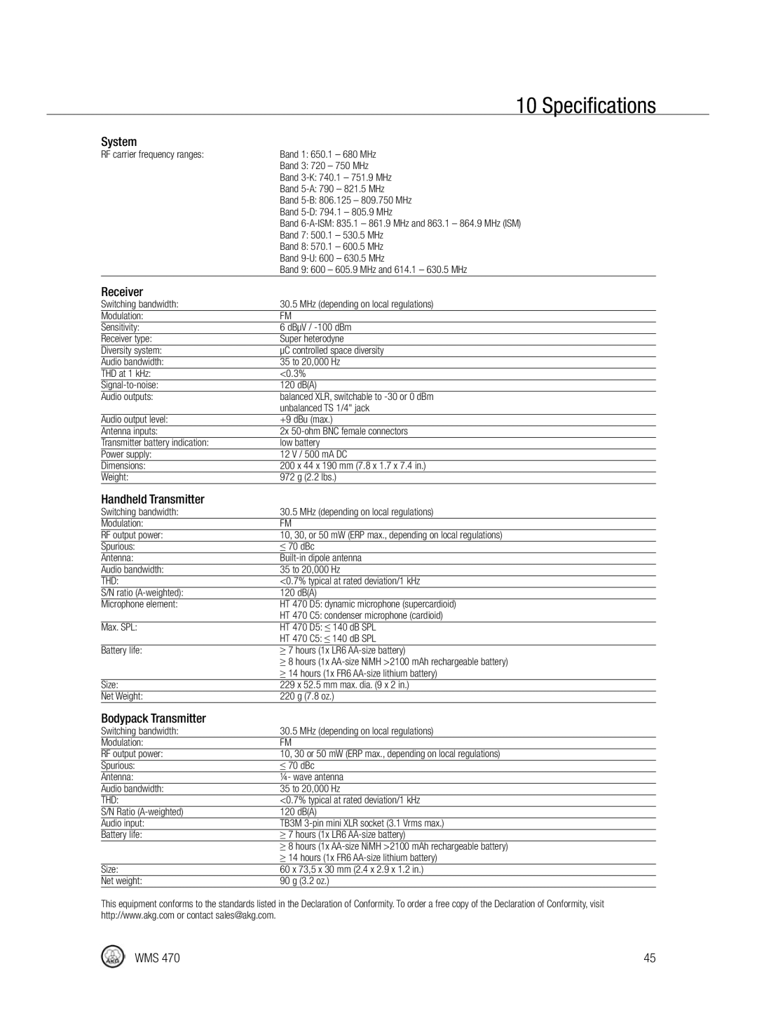 Harman-Kardon WMS 470 manual Specifications, System, Handheld Transmitter, Bodypack Transmitter 