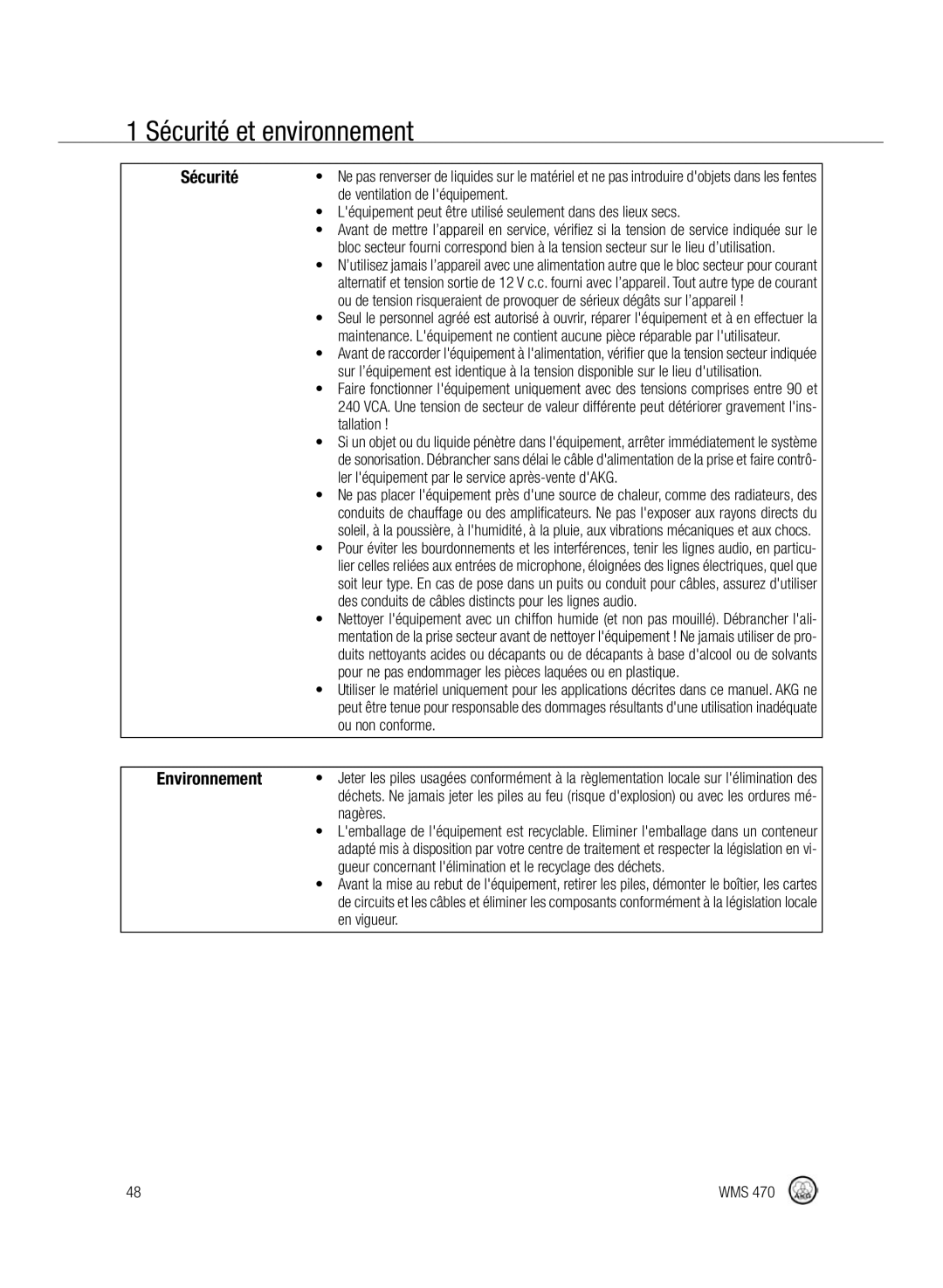 Harman-Kardon WMS 470 manual Sécurité et environnement 