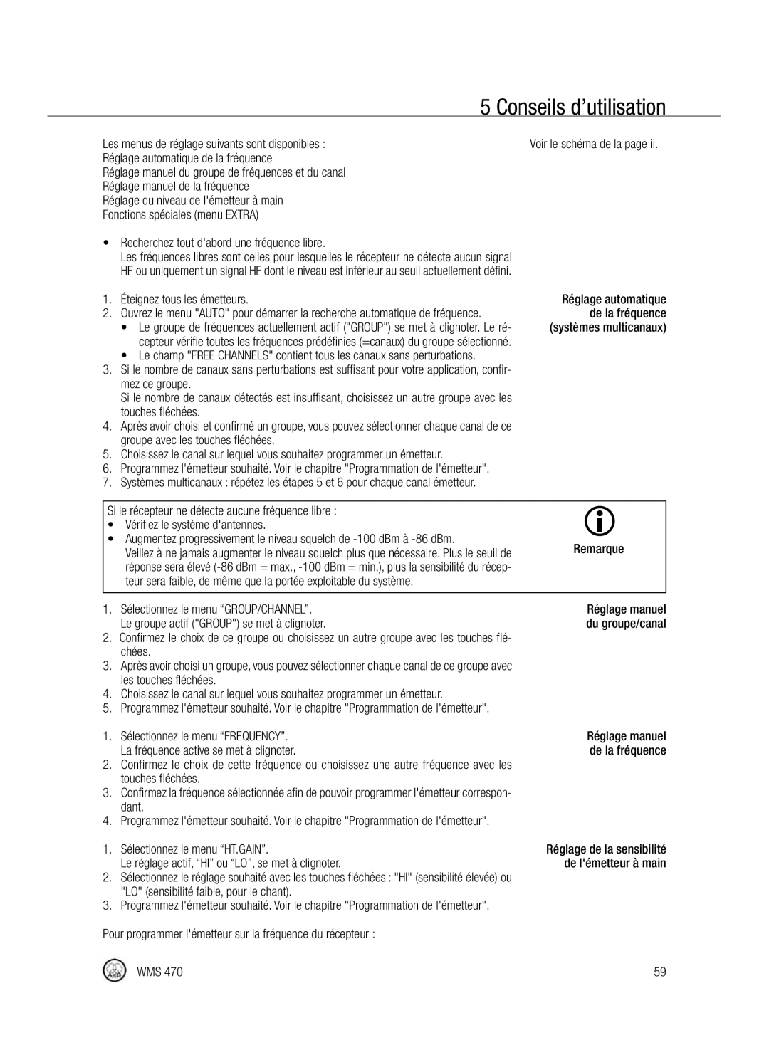 Harman-Kardon WMS 470 manual Les menus de réglage suivants sont disponibles, Éteignez tous les émetteurs, De la fréquence 