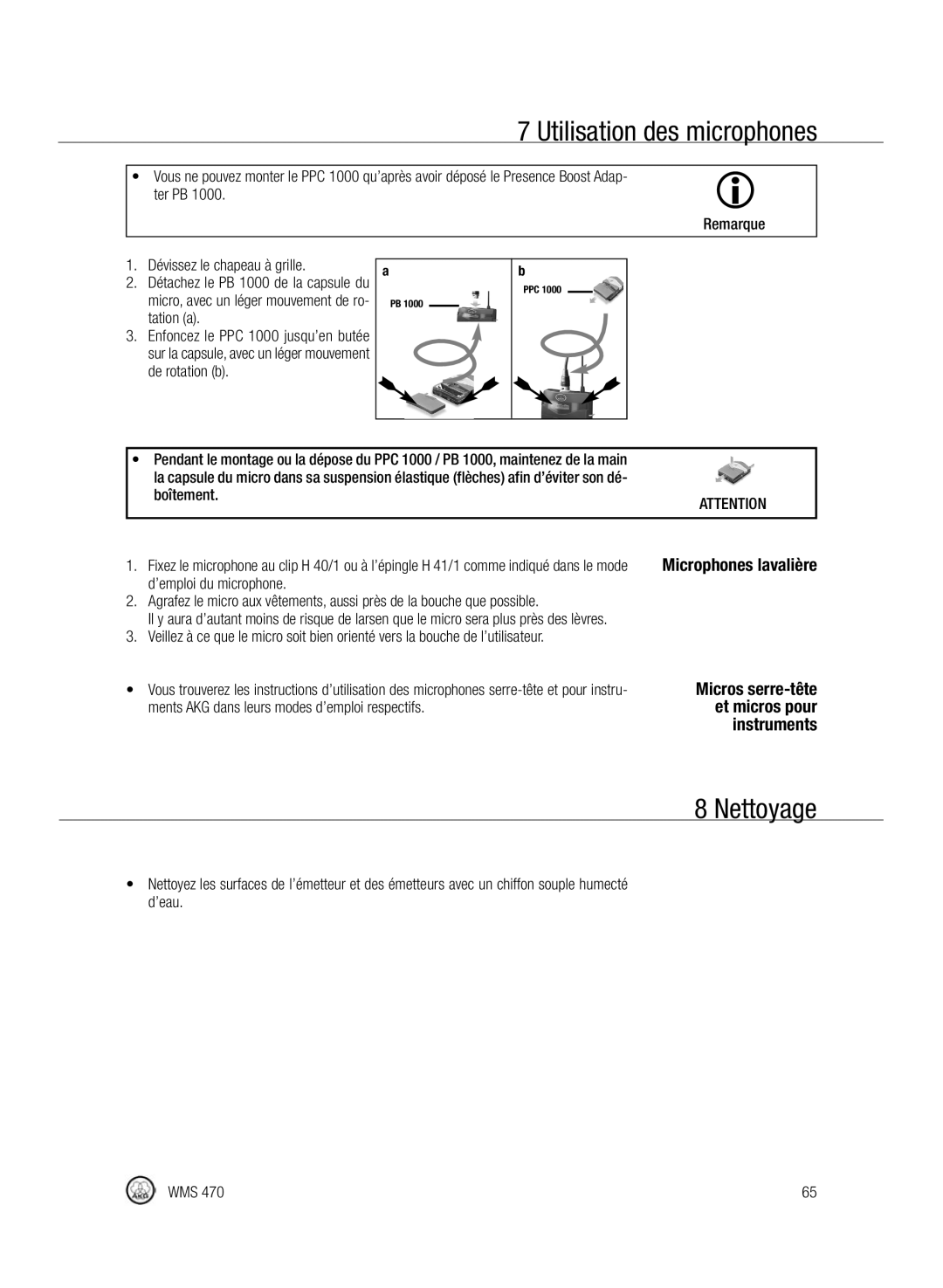 Harman-Kardon WMS 470 manual Nettoyage, Micros serre-tête, Et micros pour, Instruments 