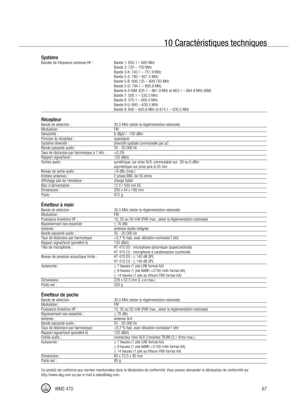 Harman-Kardon WMS 470 manual Caractéristiques techniques, Système, Récepteur, Émetteur à main, Émetteur de poche 