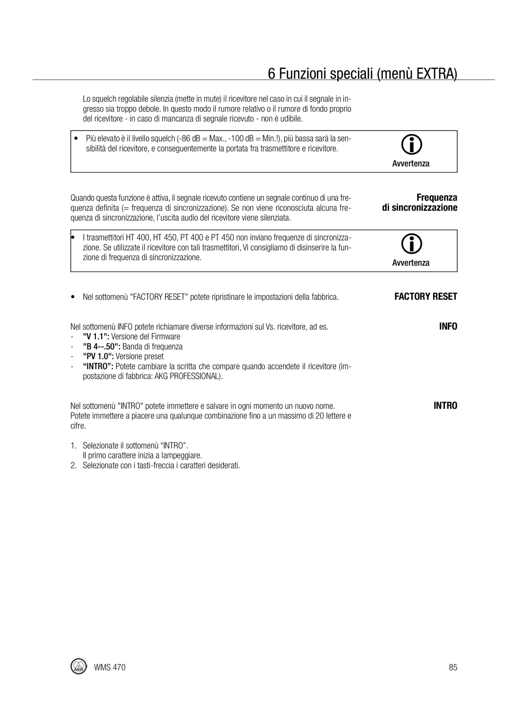 Harman-Kardon WMS 470 manual Frequenza, Zione di frequenza di sincronizzazione, Postazione di fabbrica AKG Professional 