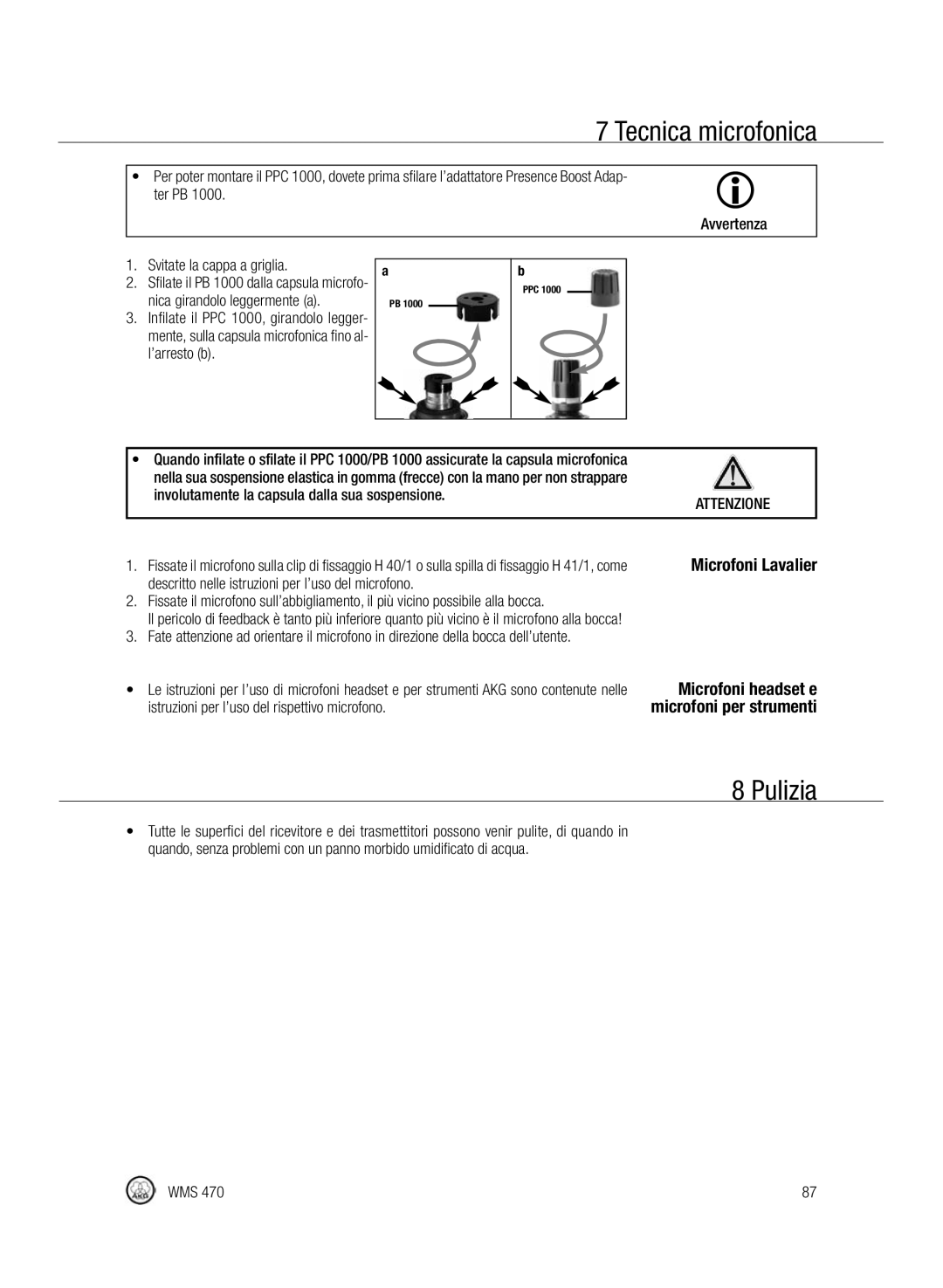 Harman-Kardon WMS 470 Pulizia, Microfoni Lavalier, Microfoni headset e, Involutamente la capsula dalla sua sospensione 