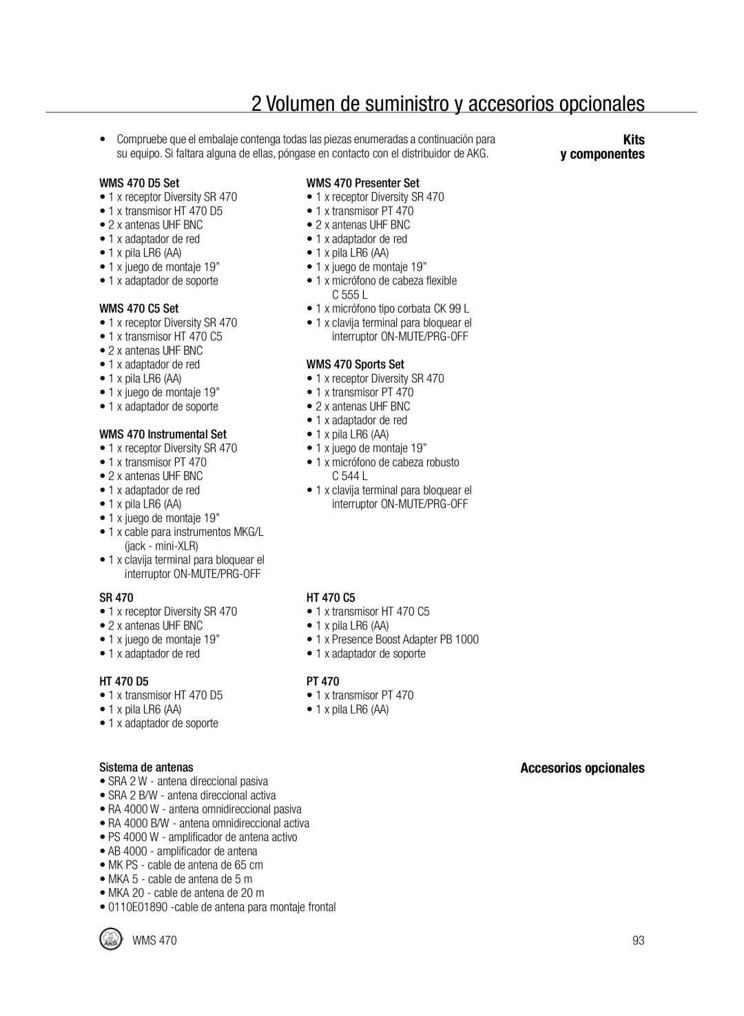 Harman-Kardon WMS 470 manual Volumen de suministro y accesorios opcionales, Kits 