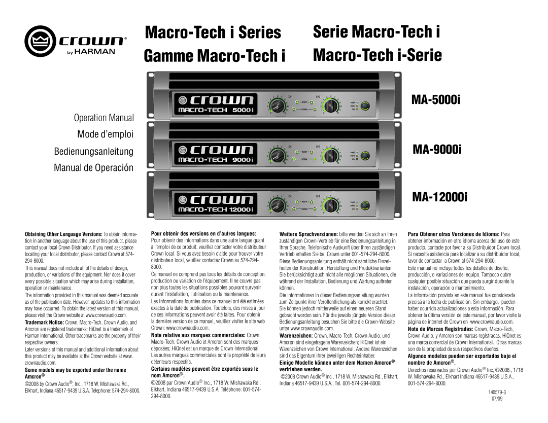 Harman MA12000i, MA9000i, MA5000i operation manual Some models may be exported under the name Amcron 