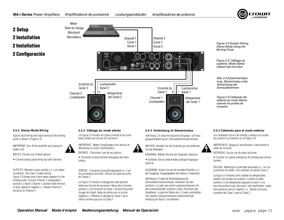 Harman MA12000i Stereo Mode Wiring, 4 Câblage du mode stéréo, Verbindung im Stereomodus, Cableado para el modo estéreo 