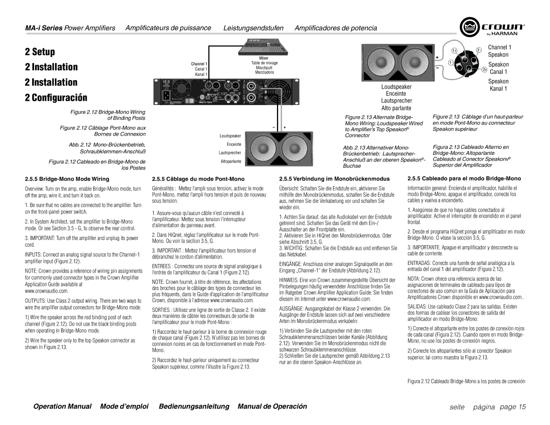 Harman MA9000i, MA12000i, MA5000i Bridge-Mono Mode Wiring, 5 Câblage du mode Pont-Mono, Verbindung im Monobrückenmodus 