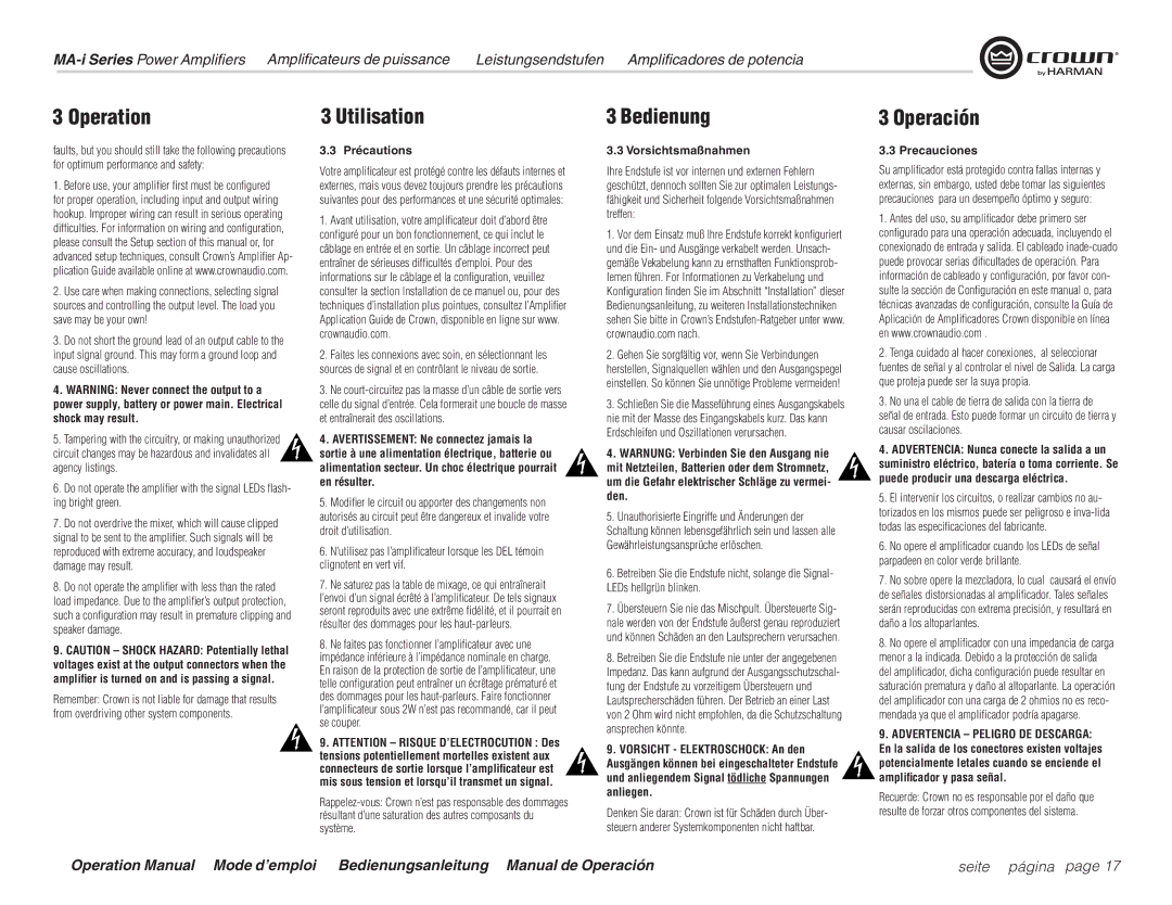 Harman MA5000i, MA9000i, MA12000i operation manual Utilisation, Operación 