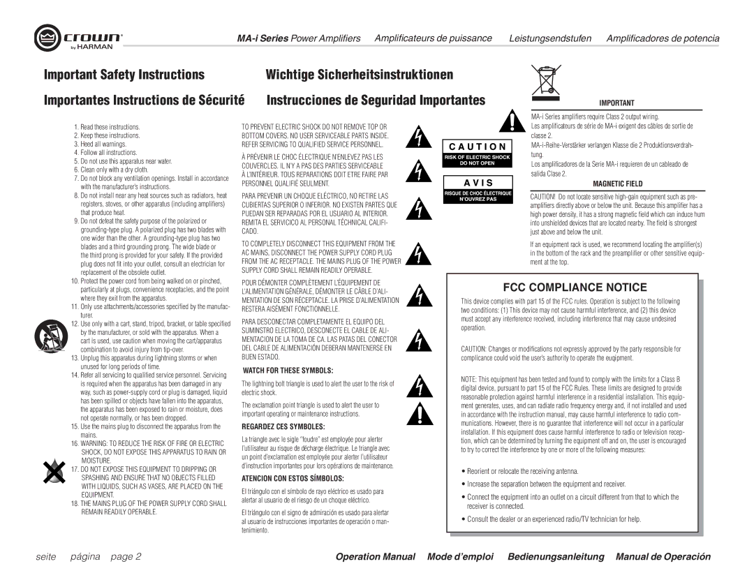 Harman MA5000i, MA9000i, MA12000i operation manual Important Safety Instructions, Wichtige Sicherheitsinstruktionen 