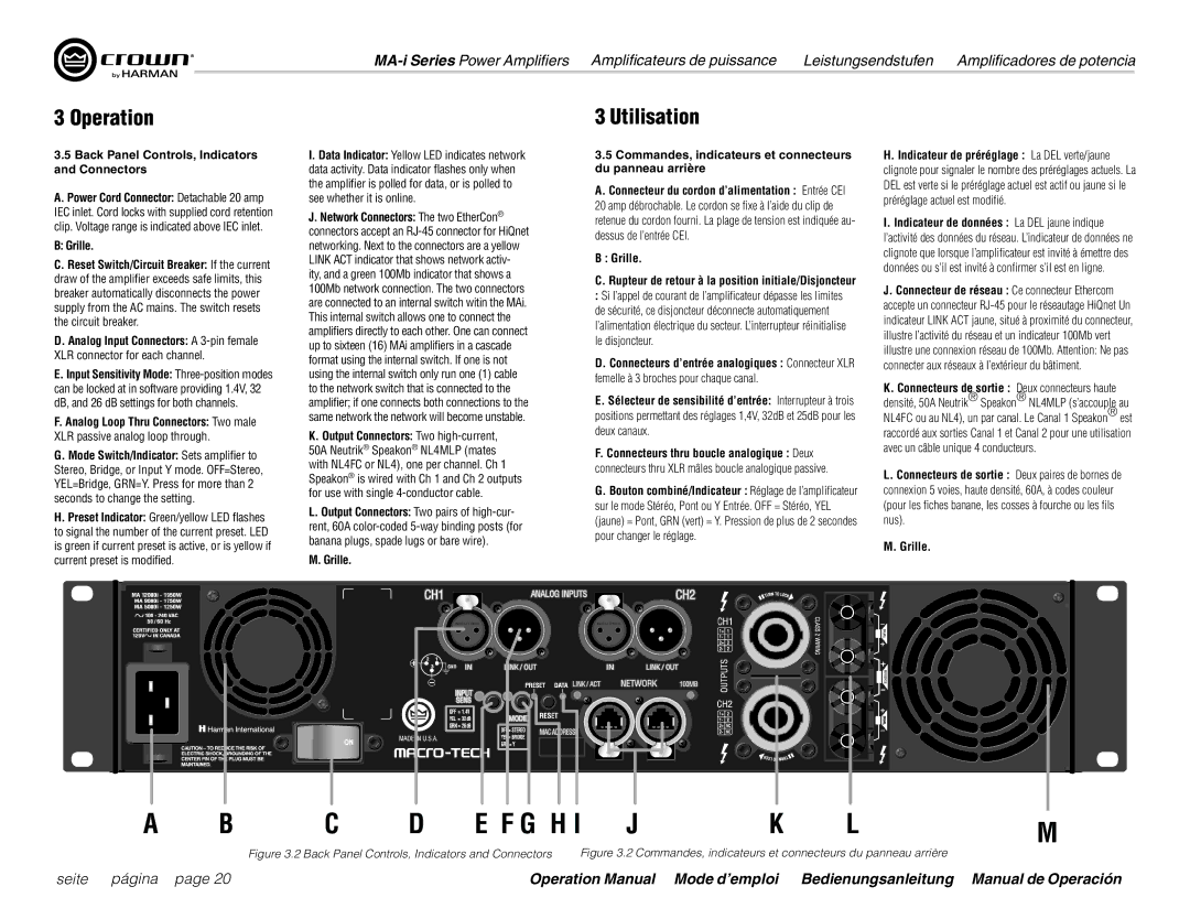 Harman MA5000i Back Panel Controls, Indicators and Connectors, Commandes, indicateurs et connecteurs du panneau arrière 