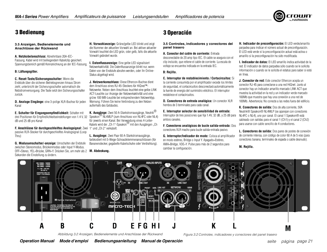 Harman MA9000i, MA12000i, MA5000i operation manual Anzeigen, Bedienelemente und Anschlüsse der Rückwand, Lüftungsgitter 