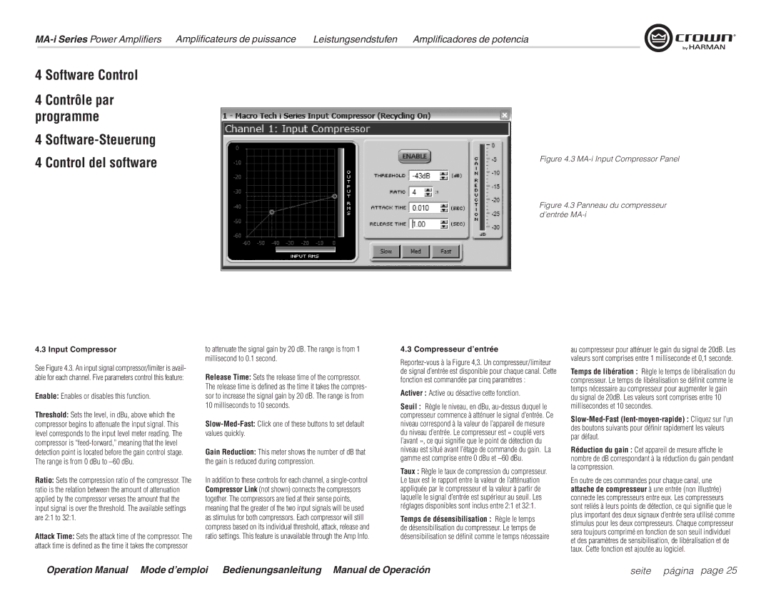 Harman MA12000i, MA9000i, MA5000i Input Compressor, Enable Enables or disables this function, Compresseur d’entrée 