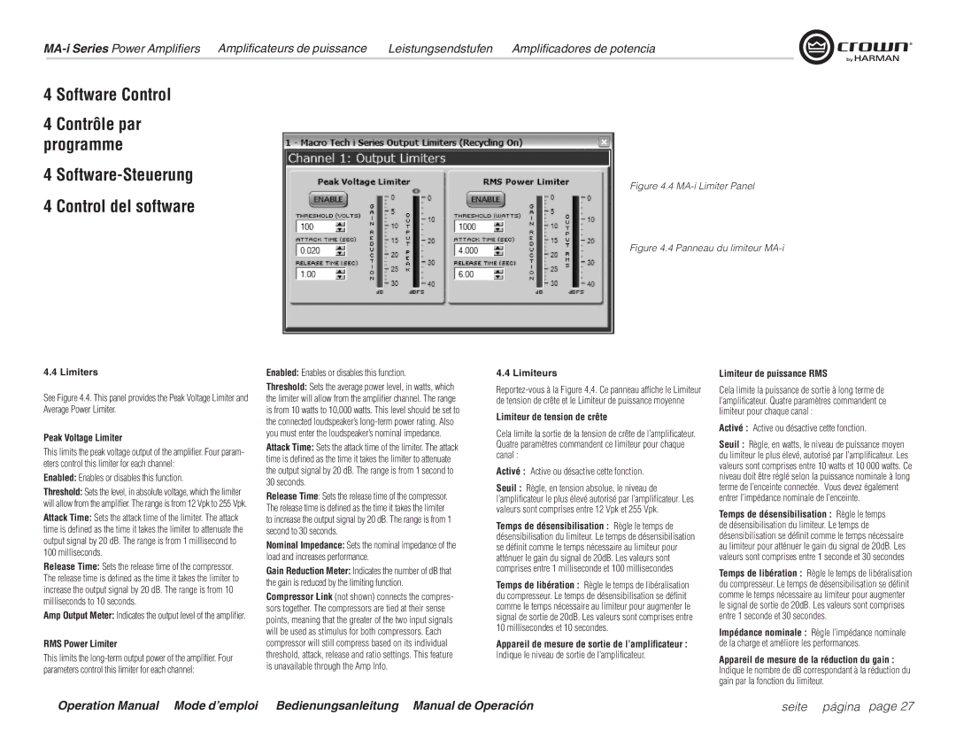 Harman MA9000i, MA12000i Limiters, Peak Voltage Limiter, RMS Power Limiter, Limiteurs, Limiteur de tension de crête 