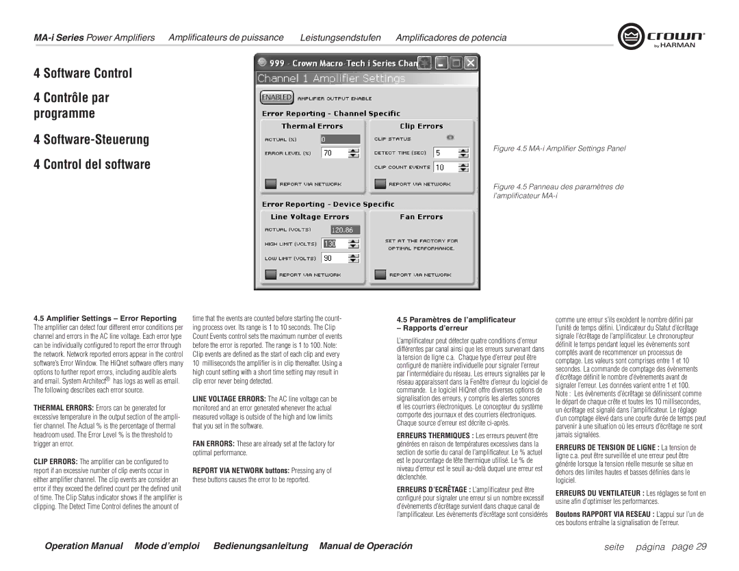 Harman MA5000i, MA9000i, MA12000i MA-i Amplifier Settings Panel, Paramètres de l’amplificateur Rapports d’erreur 