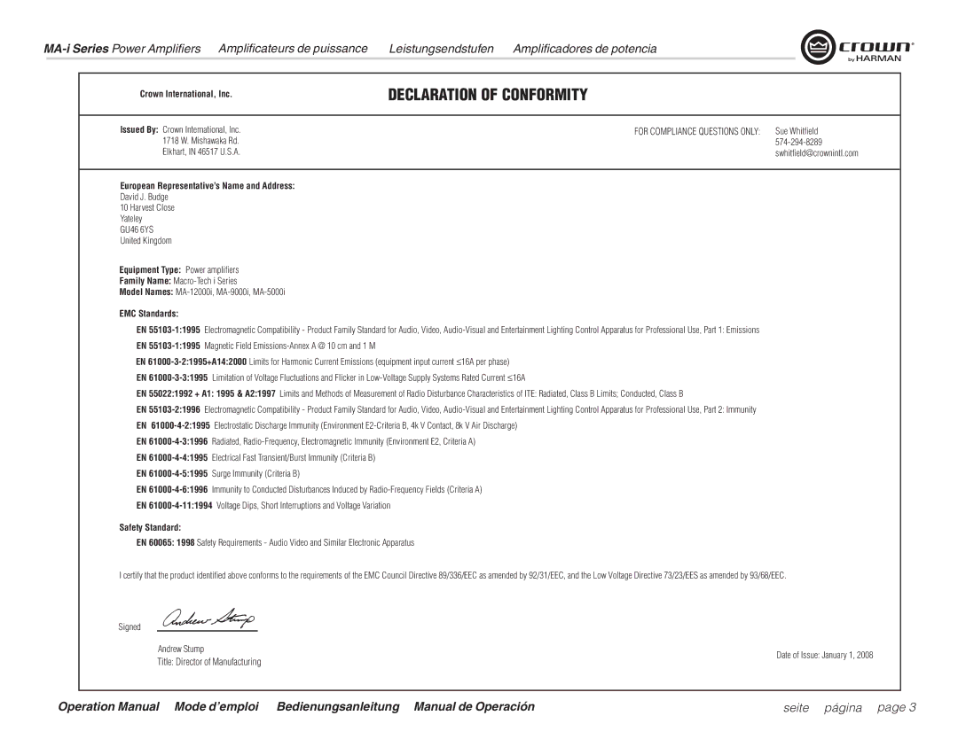 Harman MA9000i, MA12000i, MA5000i operation manual Declaration of Conformity, Title Director of Manufacturing 