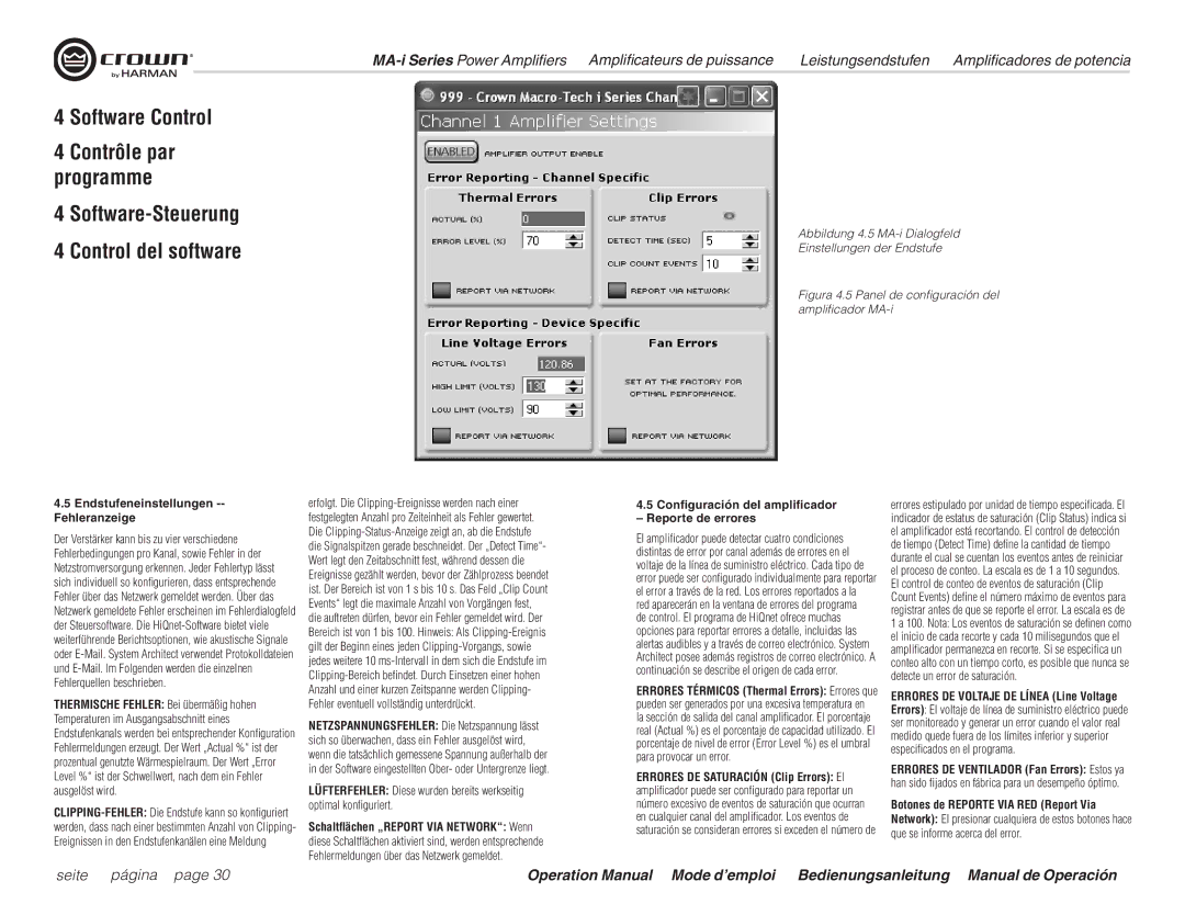 Harman MA9000i, MA12000i Endstufeneinstellungen -- Fehleranzeige, Configuración del amplificador Reporte de errores 