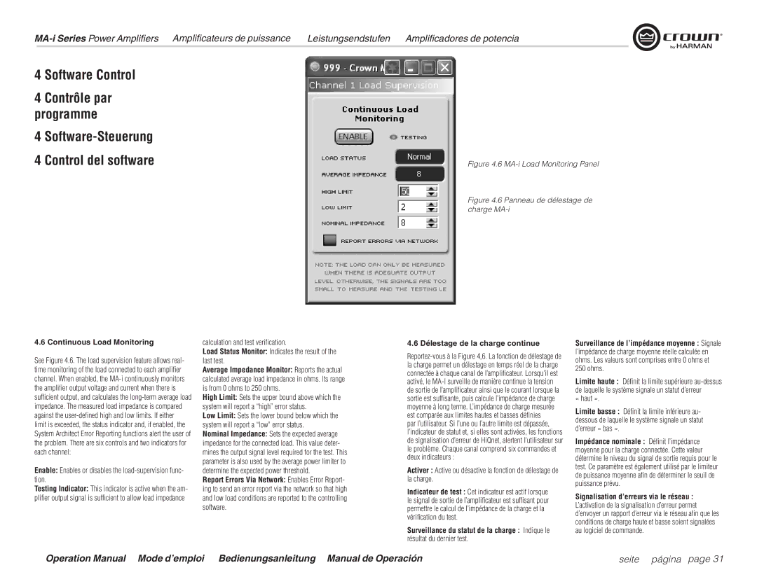 Harman MA12000i, MA9000i, MA5000i Continuous Load Monitoring, Enable Enables or disables the load-supervision func- tion 