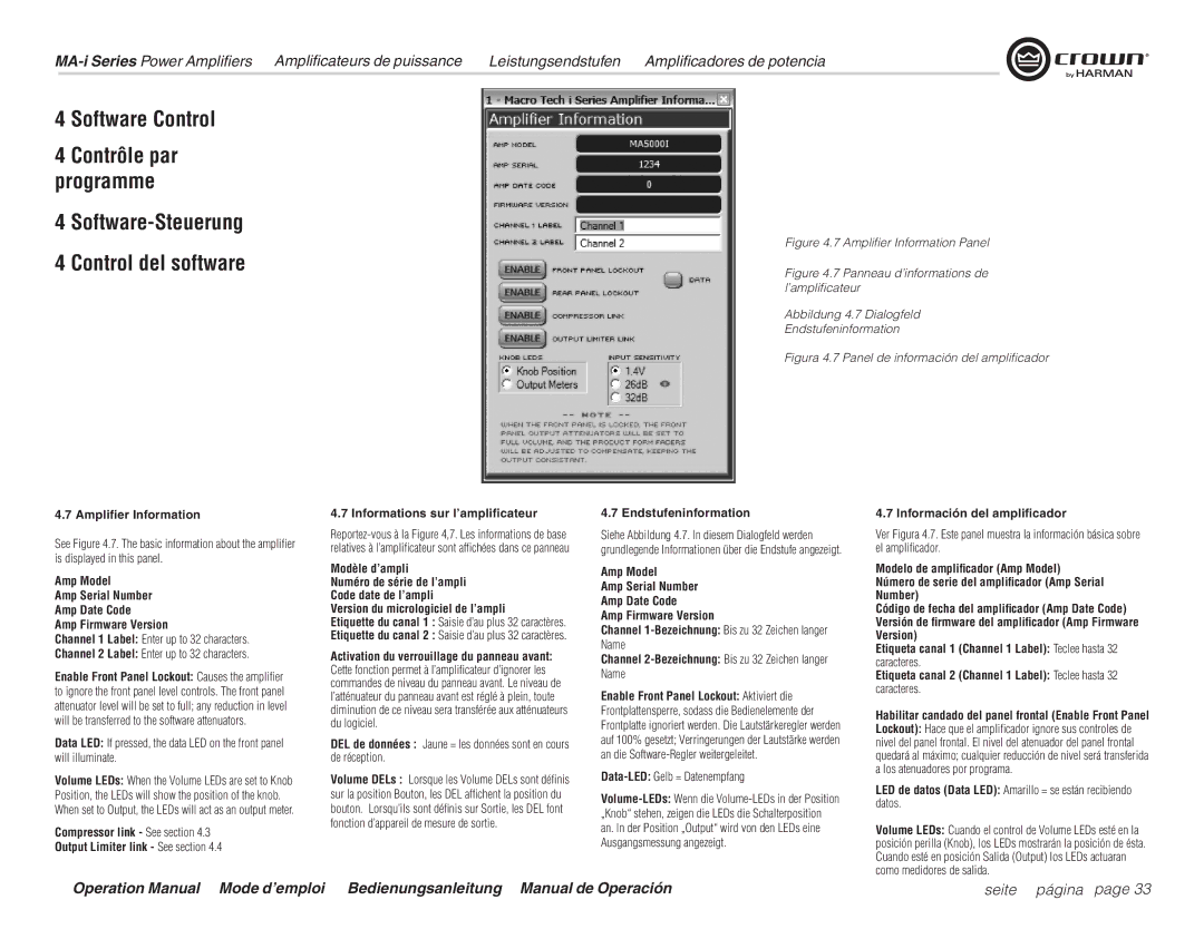 Harman MA9000i, MA12000i, MA5000i operation manual Amplifier Information, Endstufeninformation, Información del amplificador 