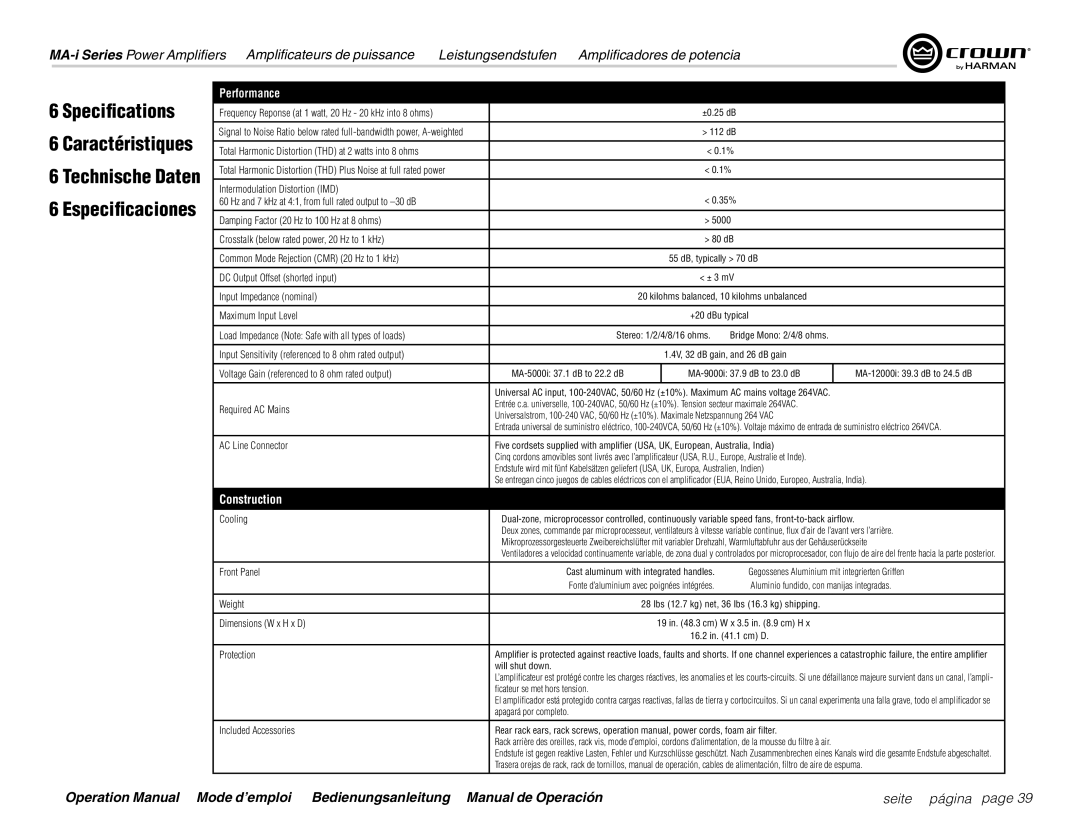 Harman MA9000i, MA12000i, MA5000i operation manual Specifications, Caractéristiques 