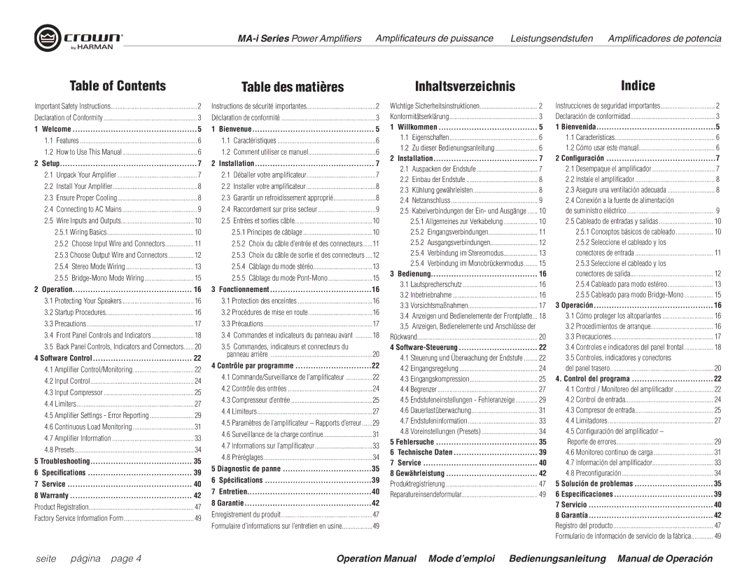 Harman MA12000i, MA9000i, MA5000i operation manual Table des matières, Indice 