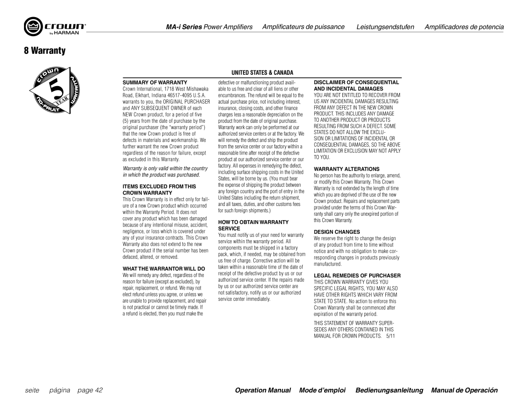 Harman MA9000i, MA12000i, MA5000i operation manual Warranty, United States & Canada 