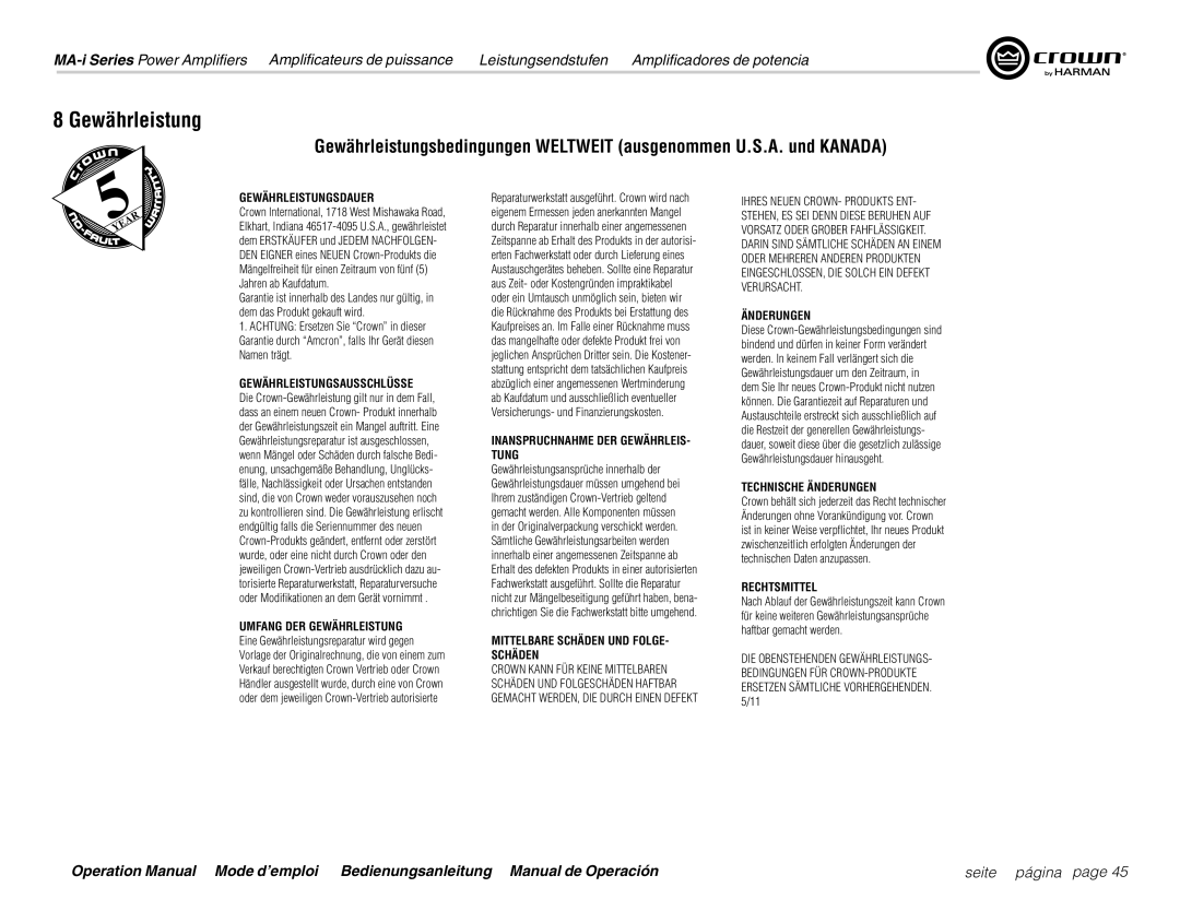 Harman MA9000i, MA12000i, MA5000i operation manual Gewährleistungsdauer 