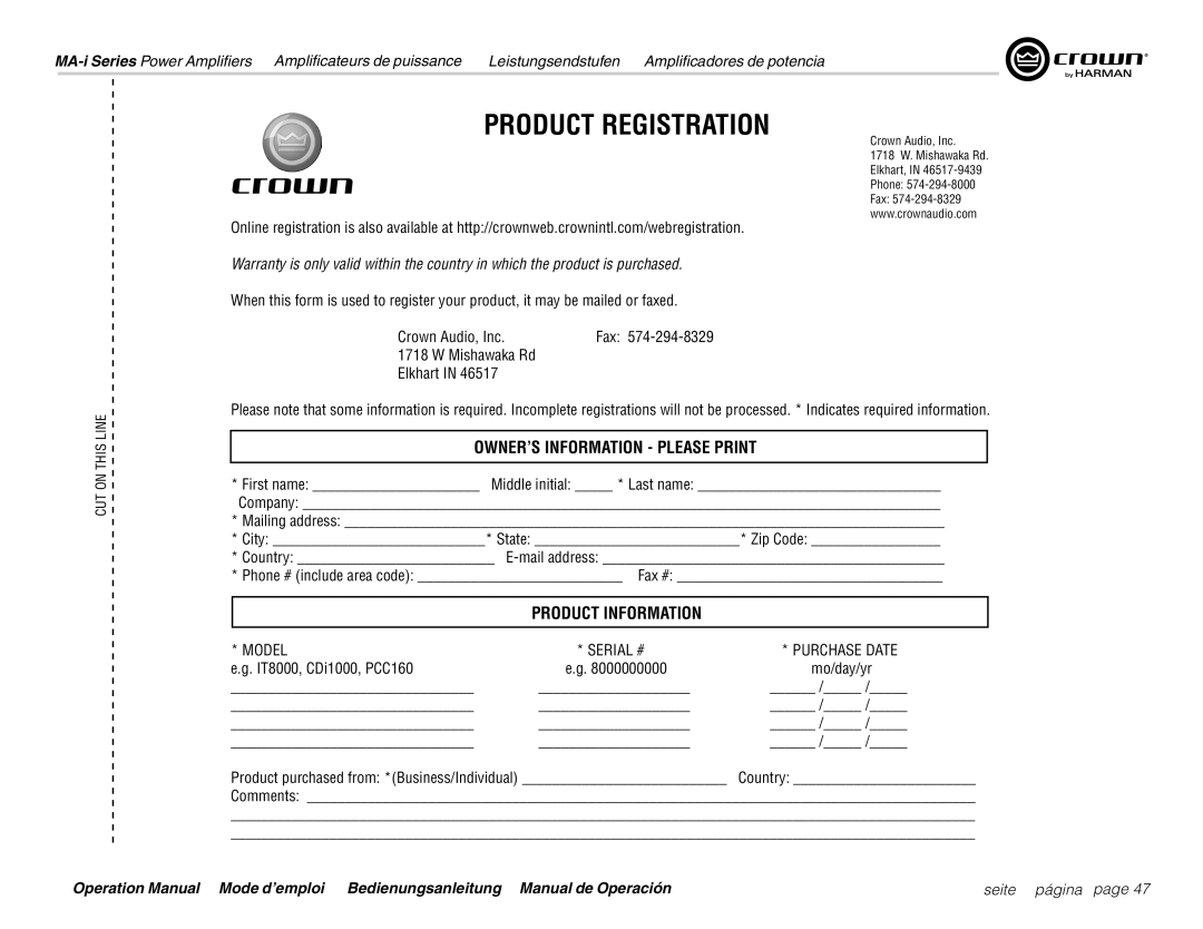 Harman MA5000i, MA9000i, MA12000i operation manual Product Registration, Crown Audio, Inc 