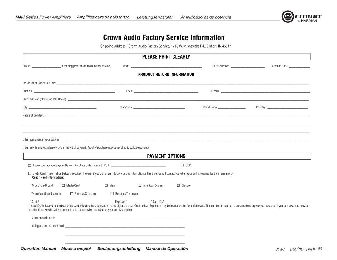 Harman MA12000i, MA9000i, MA5000i operation manual Crown Audio Factory Service Information 