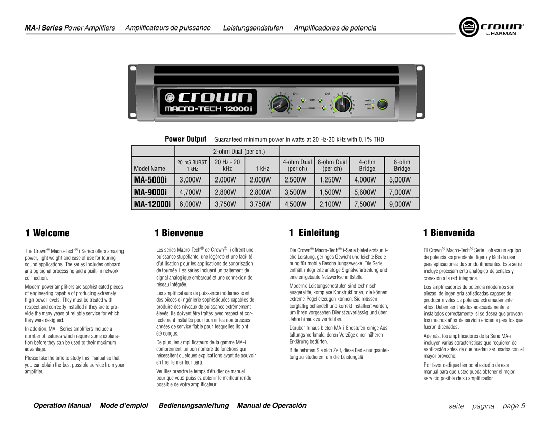 Harman MA5000i, MA9000i, MA12000i operation manual Welcome, Einleitung, Ohm Dual 