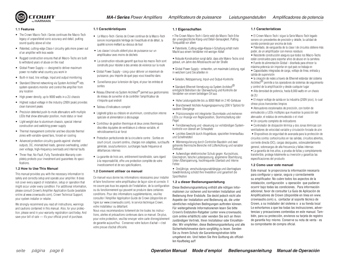 Harman MA9000i, MA12000i, MA5000i operation manual Caractéristiques, Eigenschaften, Características 