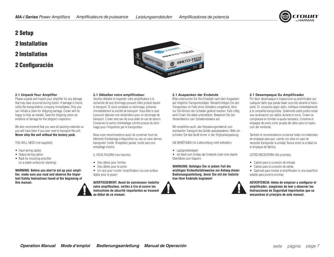 Harman MA12000i Setup Installation Configuración, Unpack Your Amplifier, Never ship the unit without the factory pack 