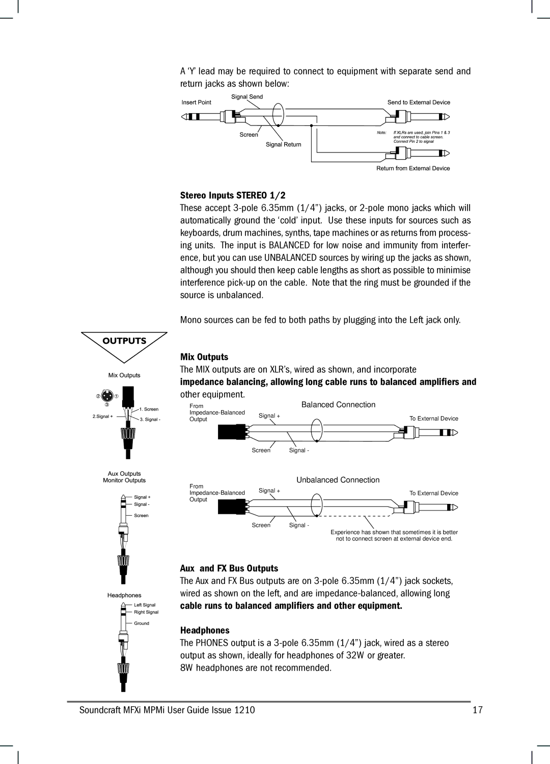 Harman MFXI, MPMI manual Stereo Inputs Stereo 1/2, Mix Outputs, Aux and FX Bus Outputs, Headphones 